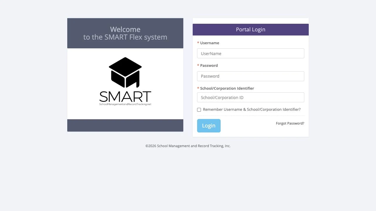 SMART Flex public portal sign-in page. No private school or account data is shown.